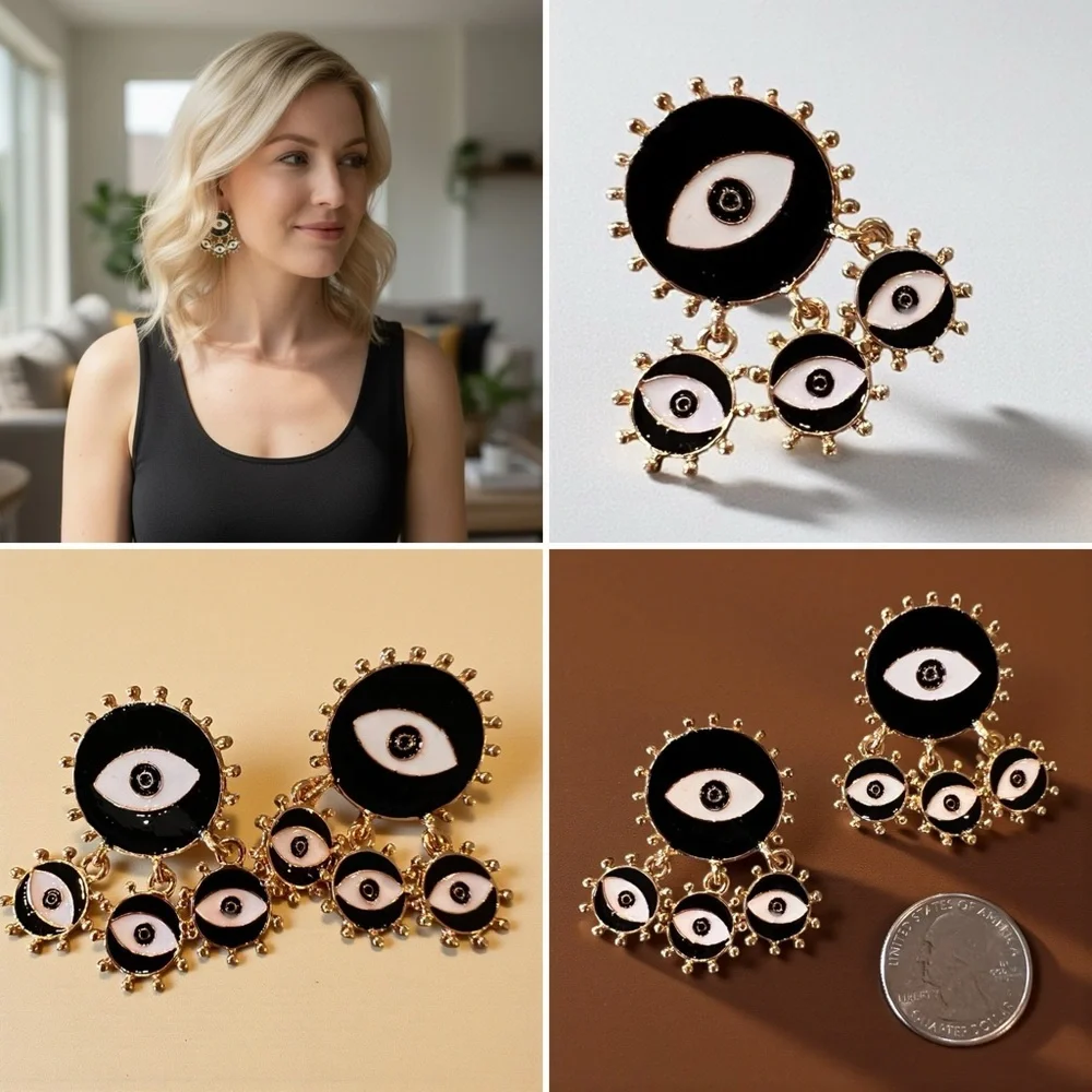 Chic Black and Gold Toned Evil Eye Dangling Earrings